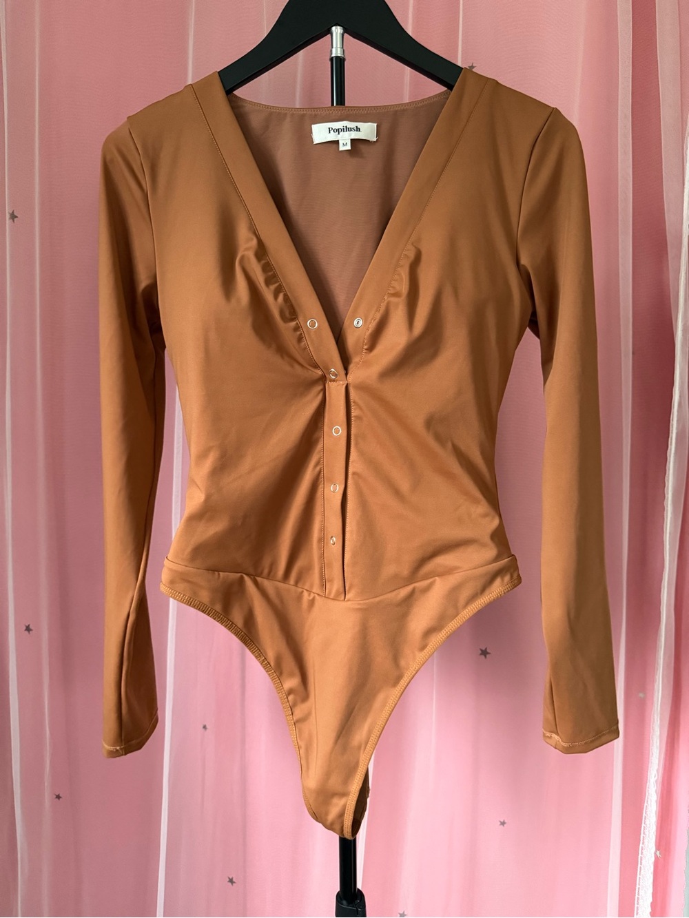 Popilush Light Brown Long Sleeve Snap Shapewear Bodysuit Size M